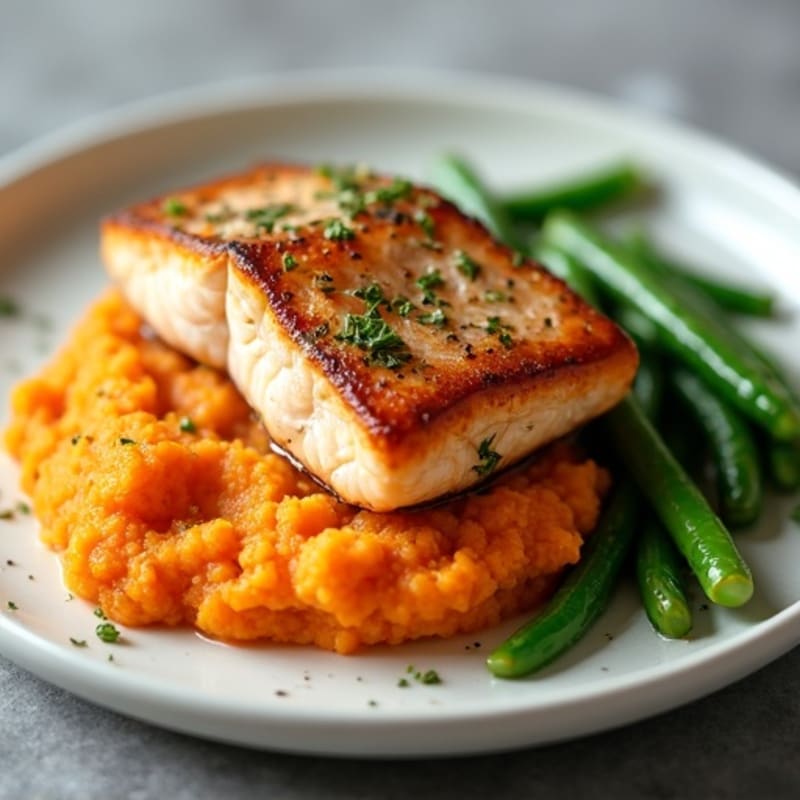 Seared Salmon with Garlic Green Beans and Sweet Potato Mash