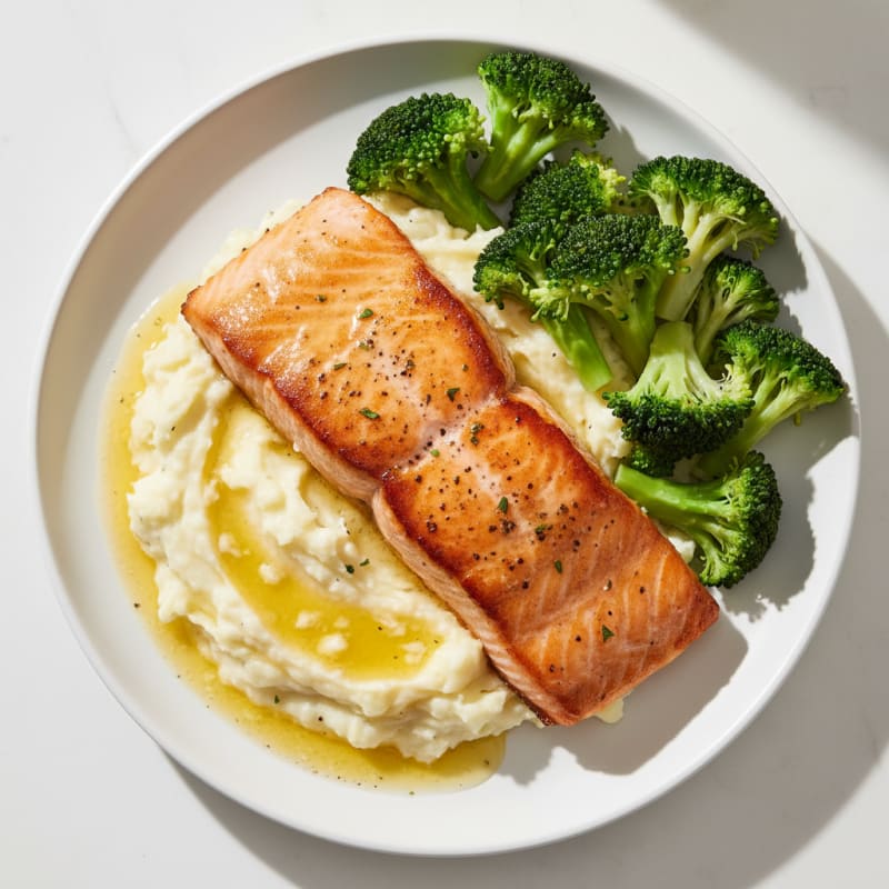 Seared Salmon with Garlic Mashed Potatoes and Steamed Broccoli