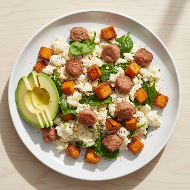 Egg White Scramble with Turkey Sausage and Roasted Sweet Potato