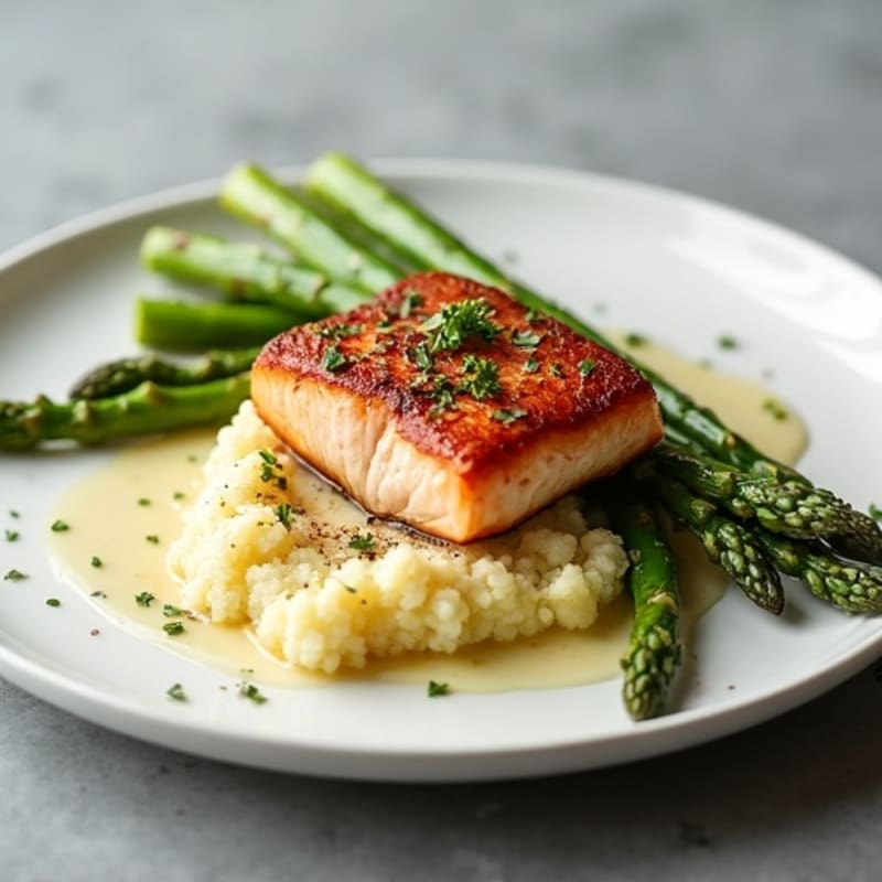 Seared Salmon with Roasted Asparagus and Cauliflower Mash