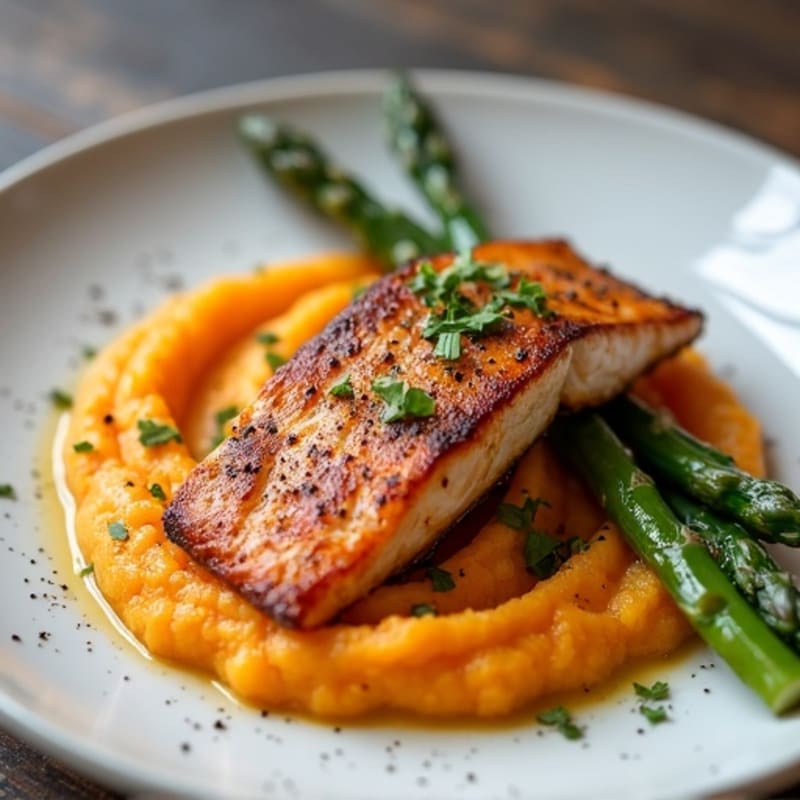 Seared Salmon with Roasted Asparagus and Sweet Potato Mash