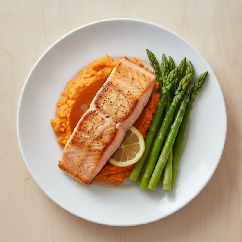 Seared Salmon with Steamed Asparagus and Sweet Potato Mash