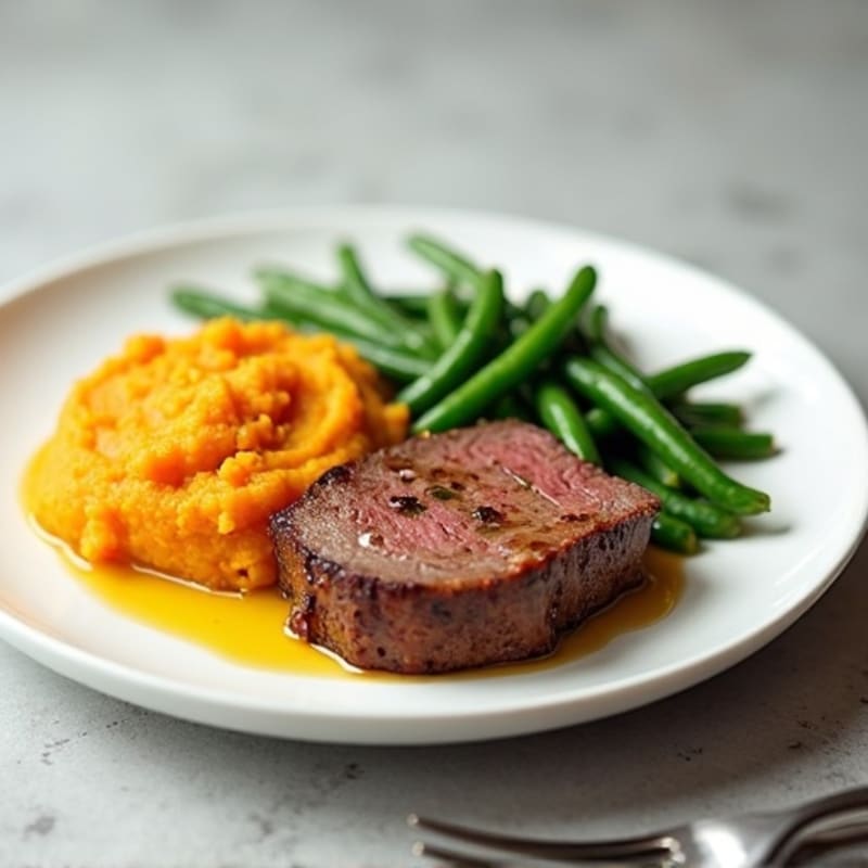 Seared Lean Beef with Steamed Green Beans and Sweet Potato Mash