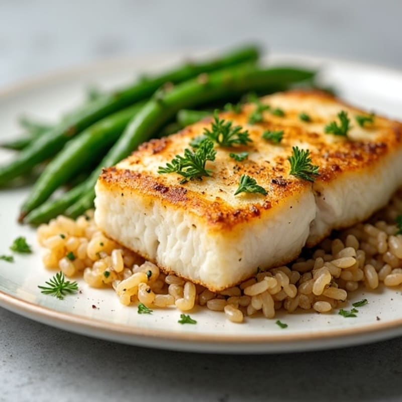 Seared Cod with Lemon-Garlic Green Beans and Herbed Brown Rice