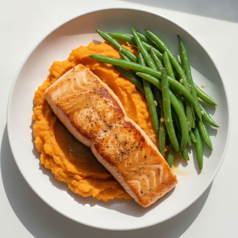 Seared Salmon with Steamed Green Beans and Sweet Potato Mash