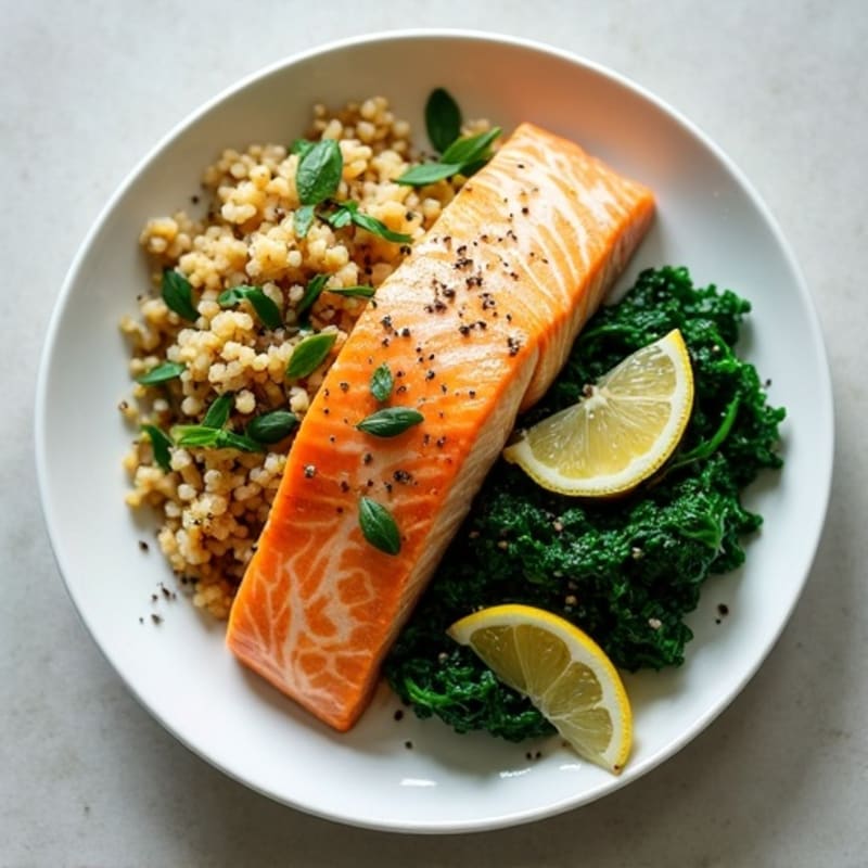 Seared Salmon with Herbed Brown Rice and Sautéed Spinach