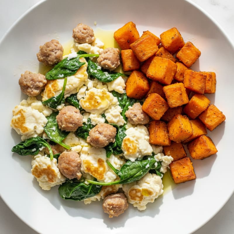 Egg White and Turkey Sausage Scramble with Spinach and Roasted Sweet Potato