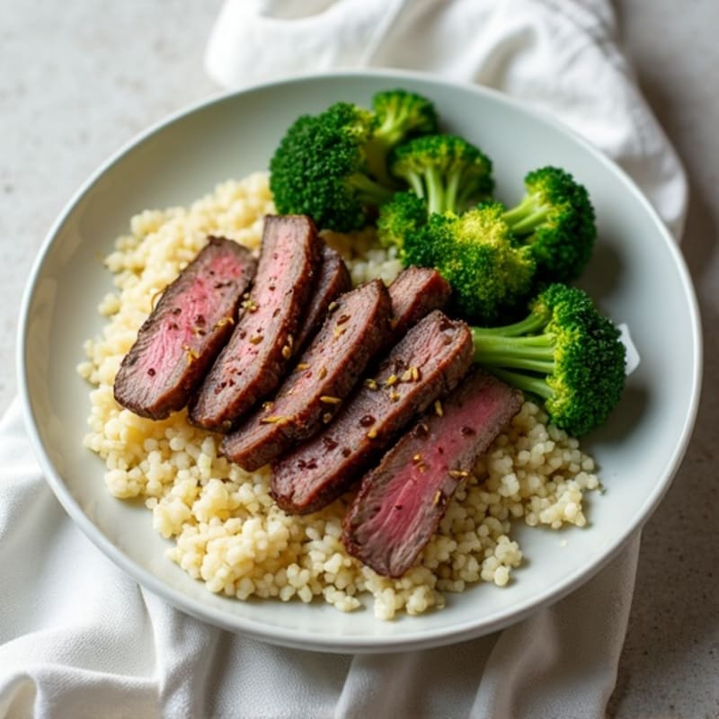 Seared Lean Beef Strips with Steamed Broccoli and Cauliflower Rice
