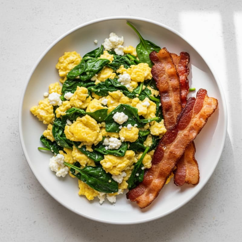 Cottage Cheese Egg Scramble with Spinach and Turkey Bacon