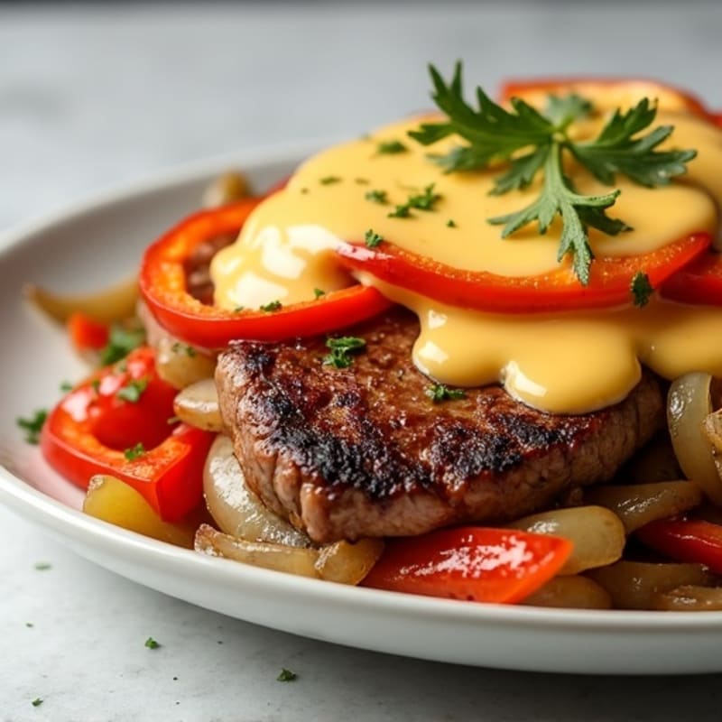 Lean Sautéed Steak with Peppers, Onions, and Creamy Cheese Sauce