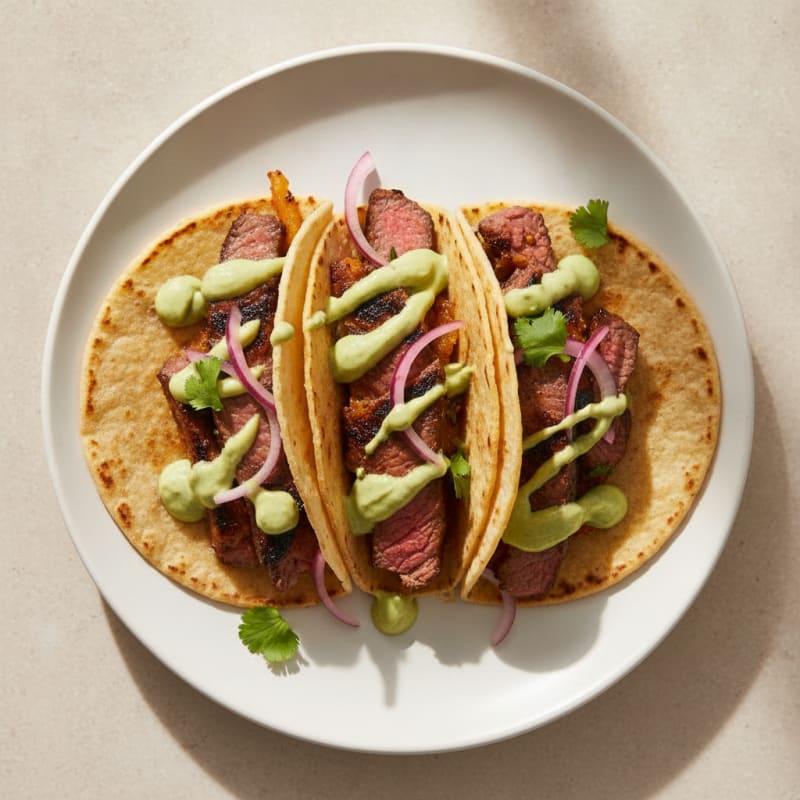 Carne Asada Tacos with Avocado Crema