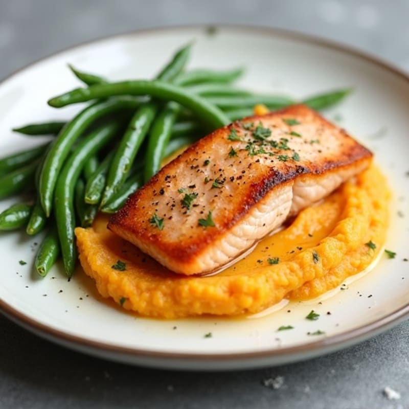 Seared Salmon with Steamed Green Beans and Mashed Sweet Potato