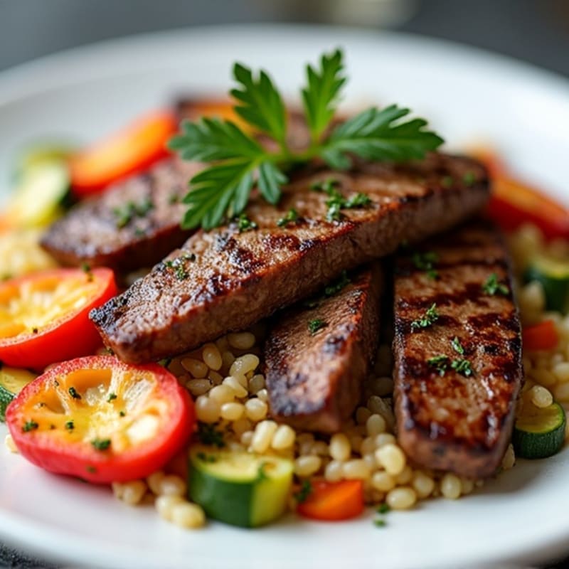 Seared Beef Strips with Herbed Rice and Roasted Vegetables