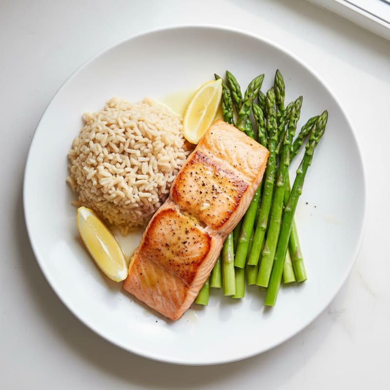 Seared Salmon with Steamed Asparagus and Brown Rice
