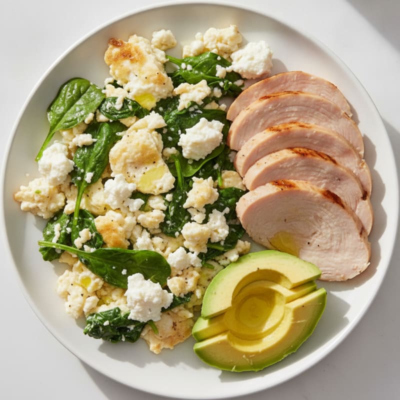 Egg White and Spinach Scramble with Cottage Cheese and Sliced Turkey