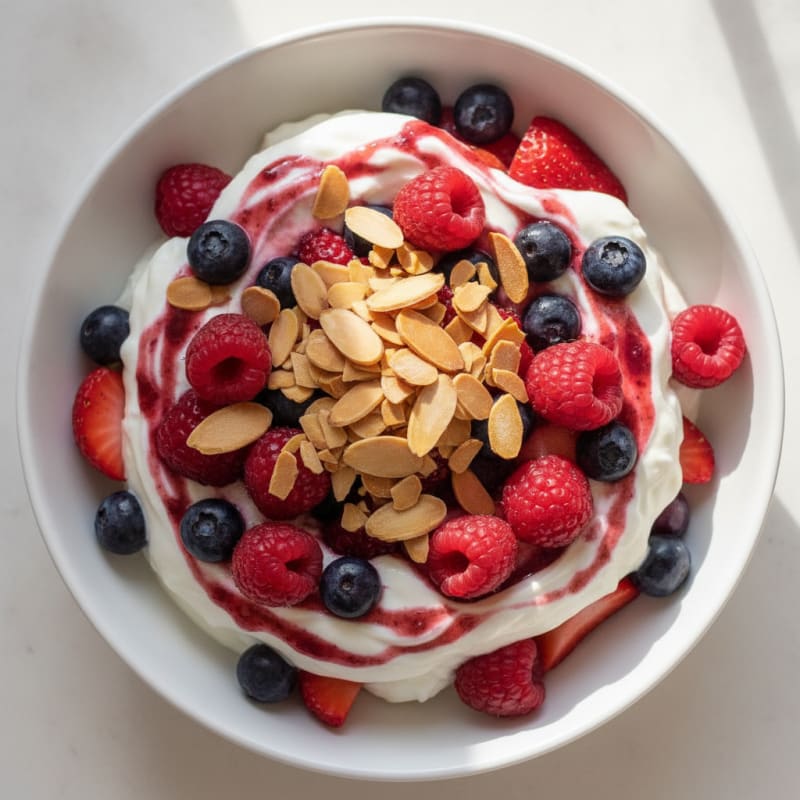 Greek Yogurt Protein Parfait with Mixed Berries and Almonds