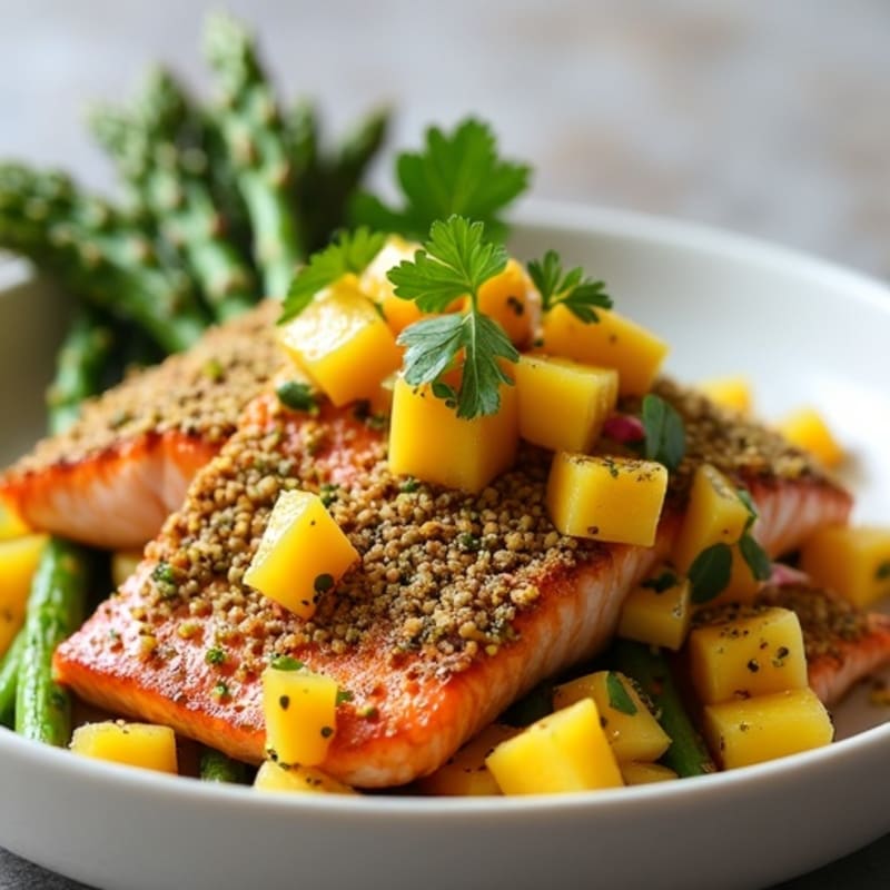 Pistachio-Crusted Salmon with Roasted Asparagus and Tangy Mango Salsa