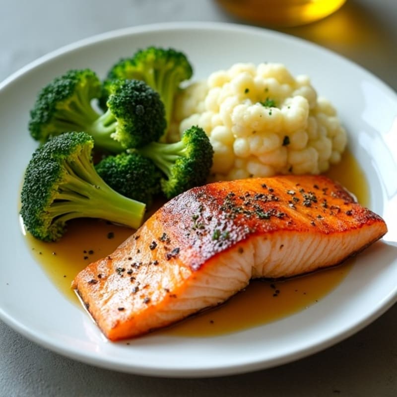 Seared Salmon with Roasted Broccoli and Garlic Mashed Cauliflower