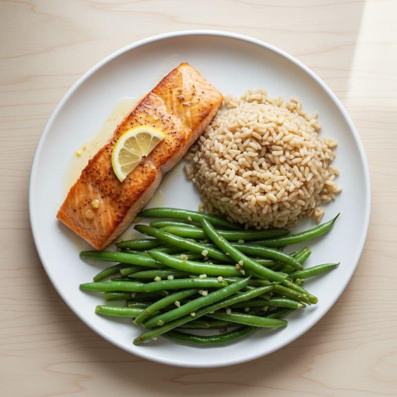 Seared Salmon with Garlic Green Beans and Brown Rice