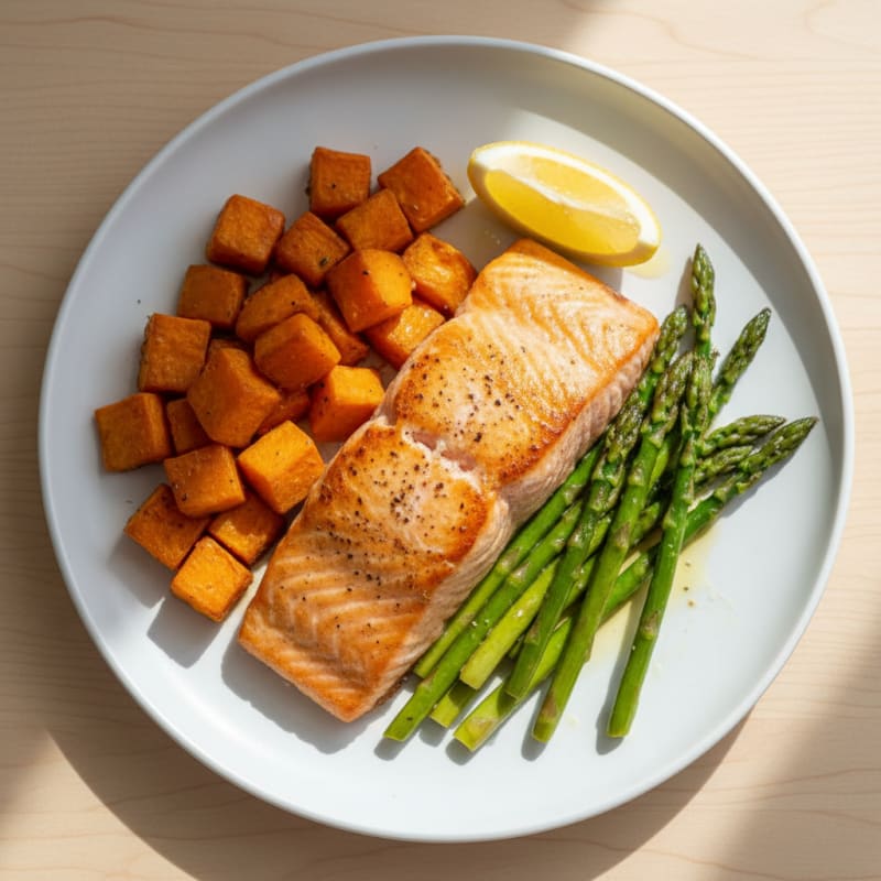 Seared Salmon with Roasted Sweet Potato and Asparagus