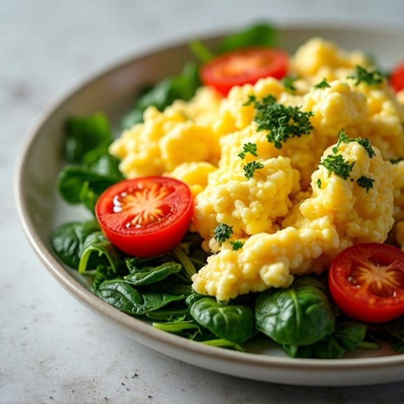 Fluffy Scrambled Eggs with Sautéed Greens and Cherry Tomatoes