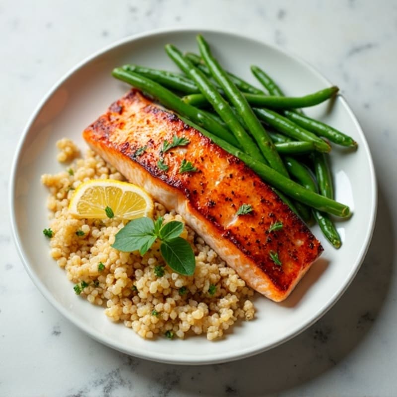 Seared Salmon with Garlic Green Beans and Quinoa