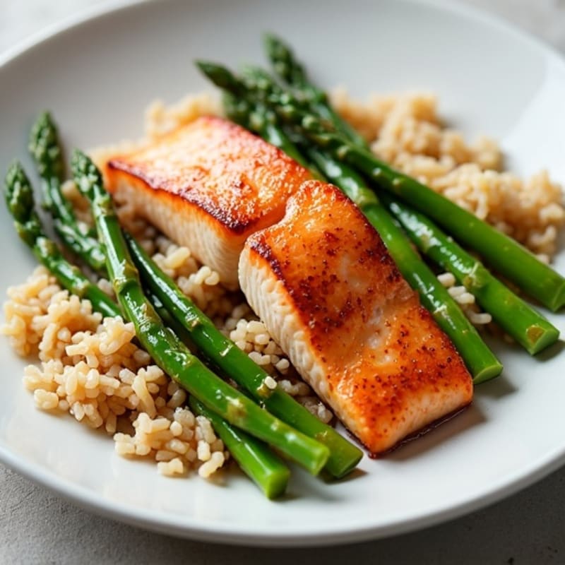 Seared Salmon with Steamed Asparagus and Brown Rice
