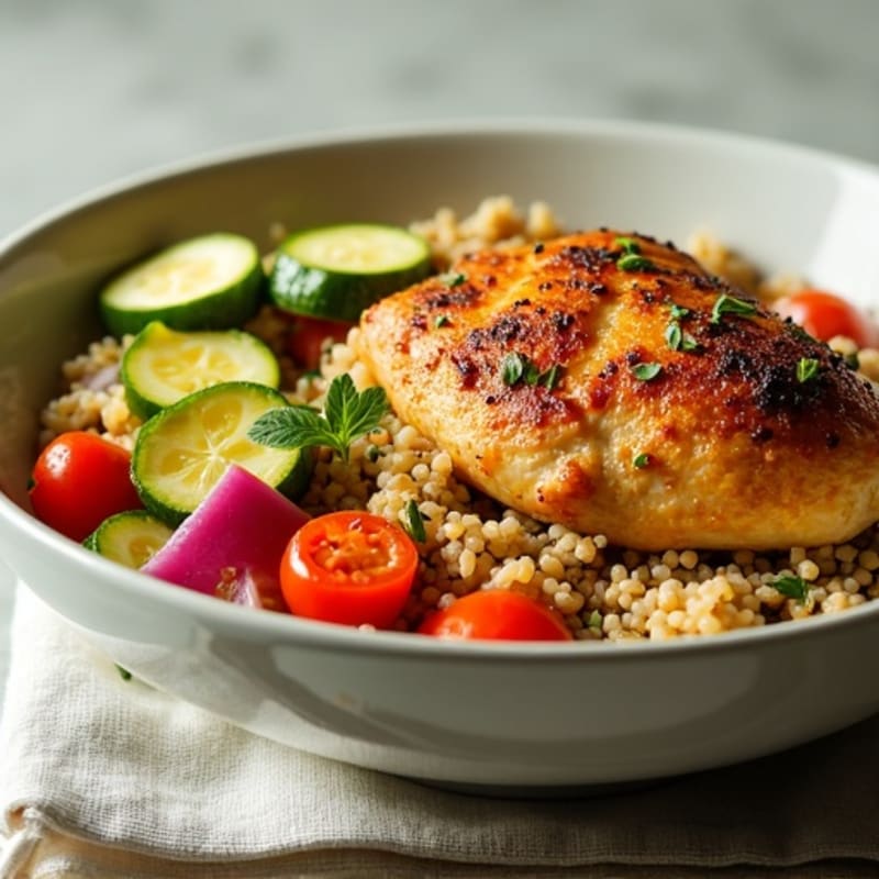 Lemon Garlic Roasted Chicken and Crispy Vegetable Quinoa Bowl