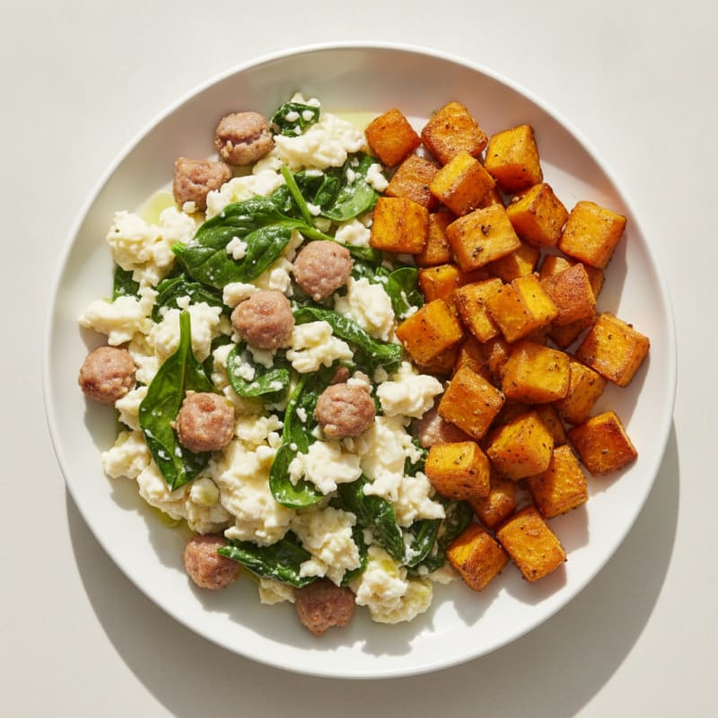 Egg White and Turkey Sausage Scramble with Spinach and Roasted Sweet Potato