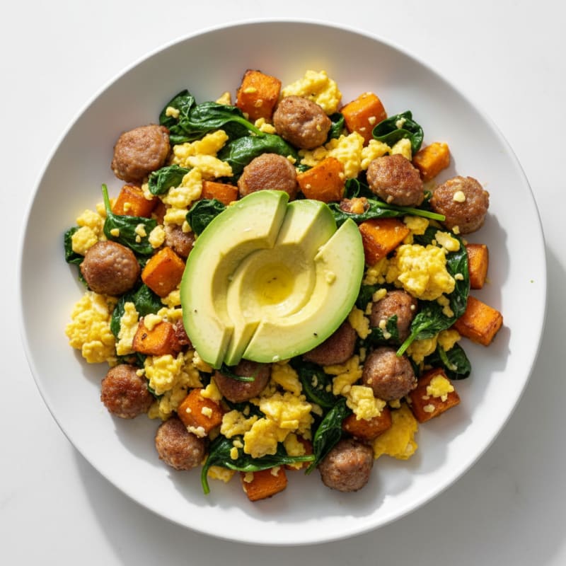 Egg and Turkey Sausage Scramble with Sautéed Spinach and Sweet Potato