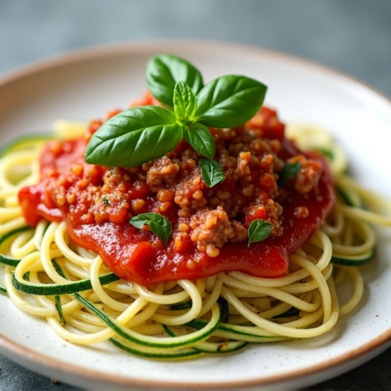 Lean Beef Spaghetti with Zucchini Noodles and Tomato Basil Sauce