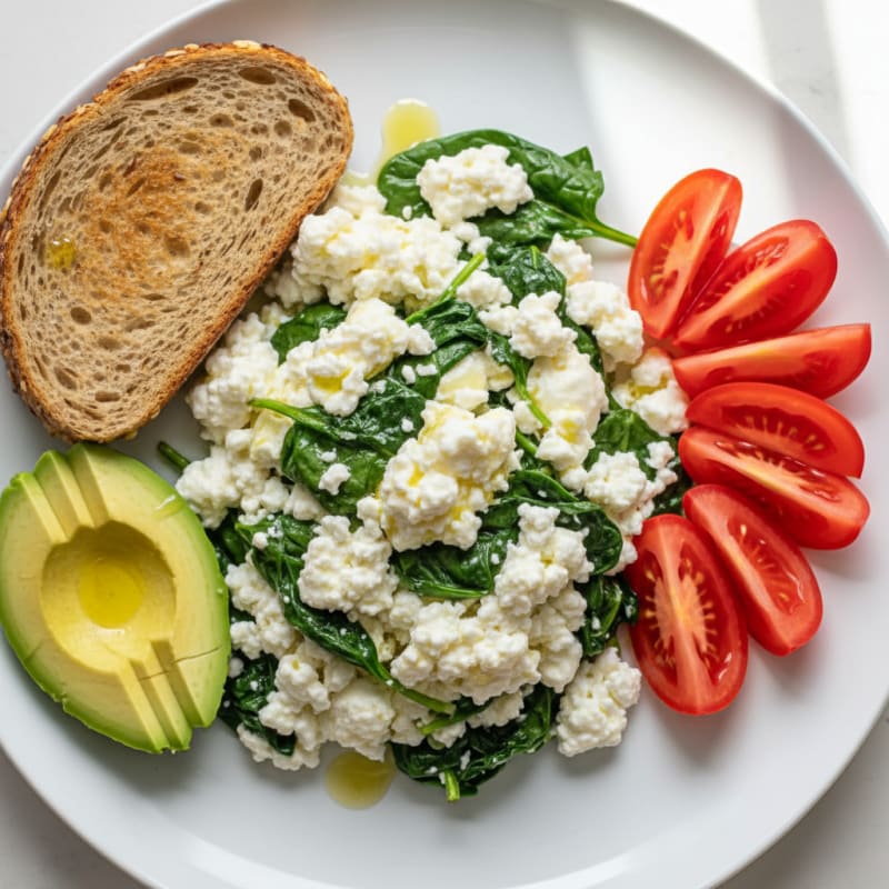 Egg White and Spinach Scramble with Cottage Cheese and Sliced Tomatoes