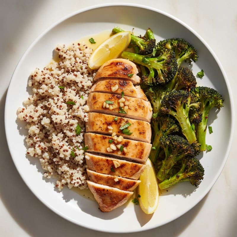 Grilled Lemon Garlic Chicken Breast with Quinoa and Roasted Broccoli