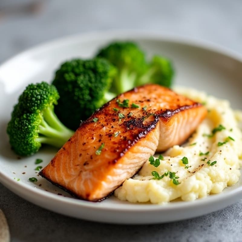 Seared Salmon with Steamed Broccoli and Garlic Cauliflower Mash