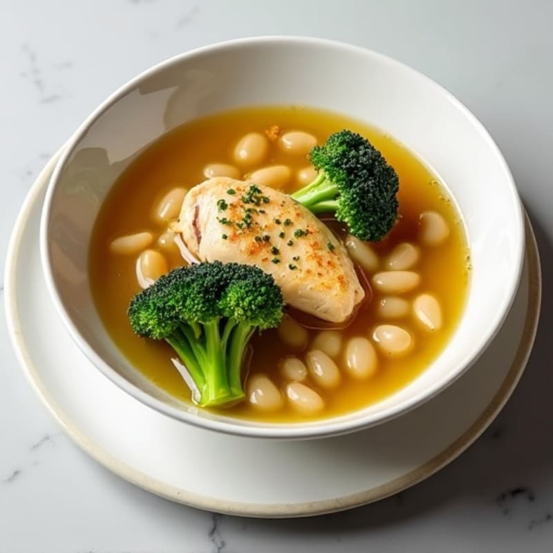 Bone Broth Chicken and White Bean Soup with Roasted Broccoli
