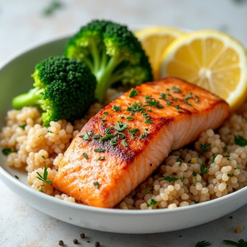 Seared Salmon with Steamed Broccoli and Herbed Brown Rice