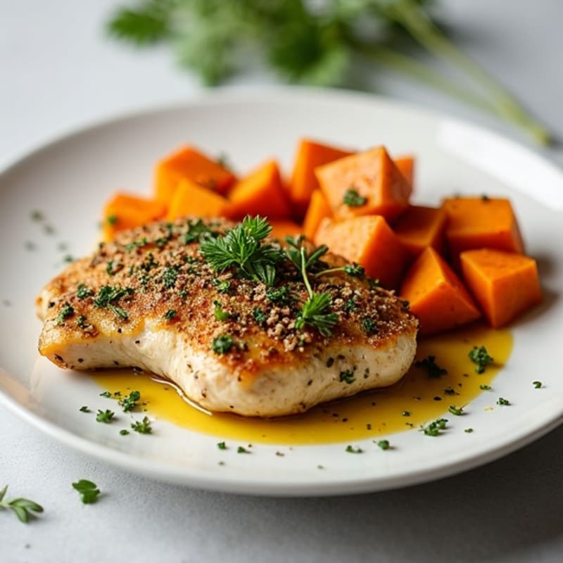 Herb-Crusted Pan Seared Chicken with Roasted Sweet Potato