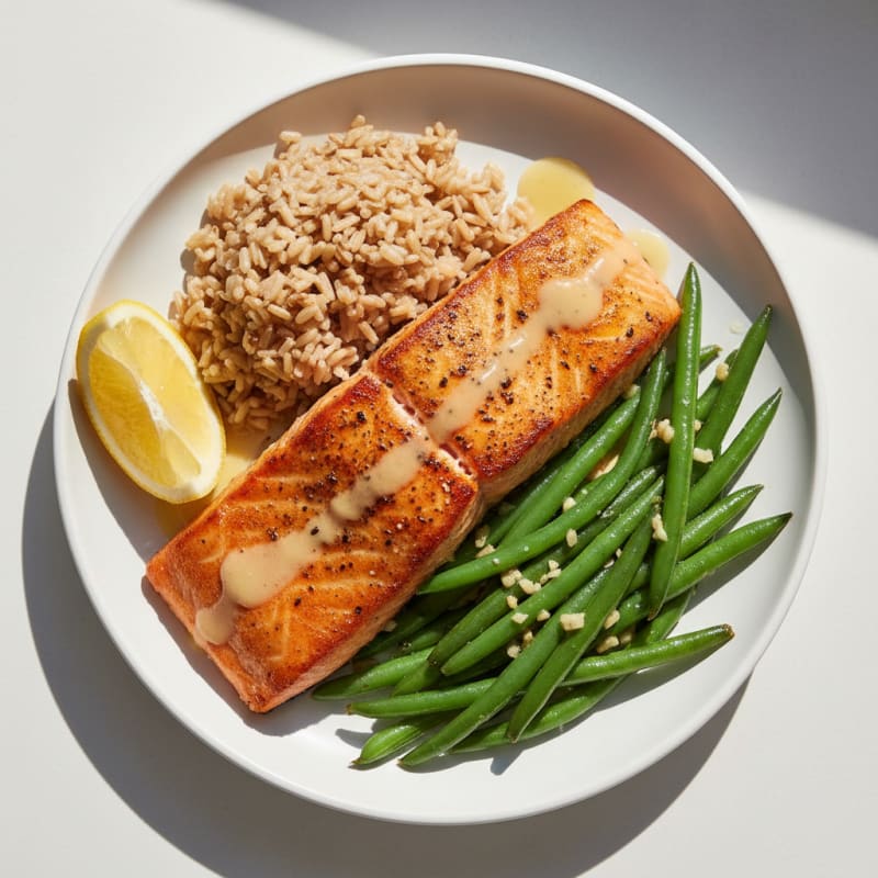 Seared Salmon with Garlic Green Beans and Brown Rice