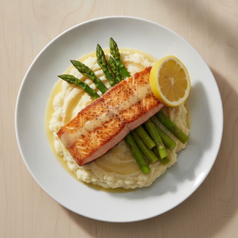 Seared Salmon with Steamed Asparagus and Garlic Mashed Cauliflower