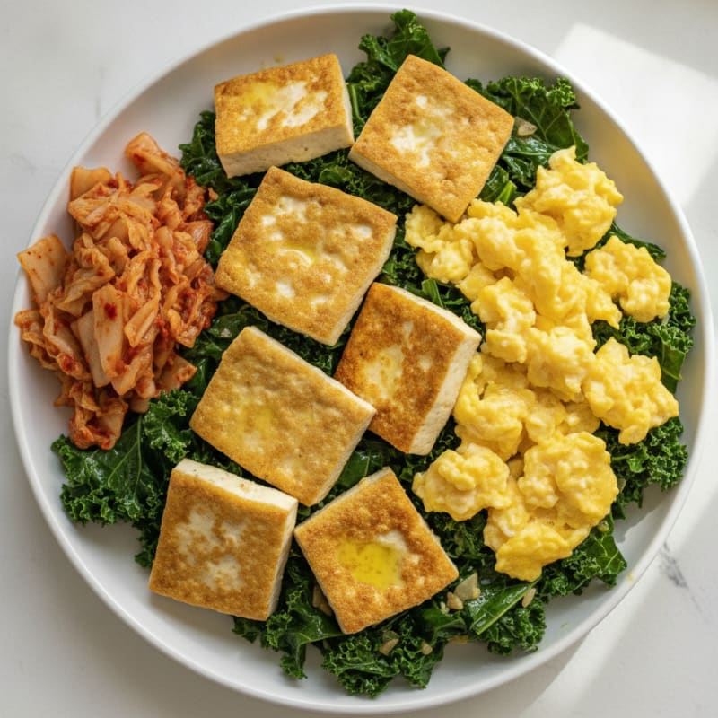 Scrambled Eggs with Crispy Tofu and Sautéed Greens