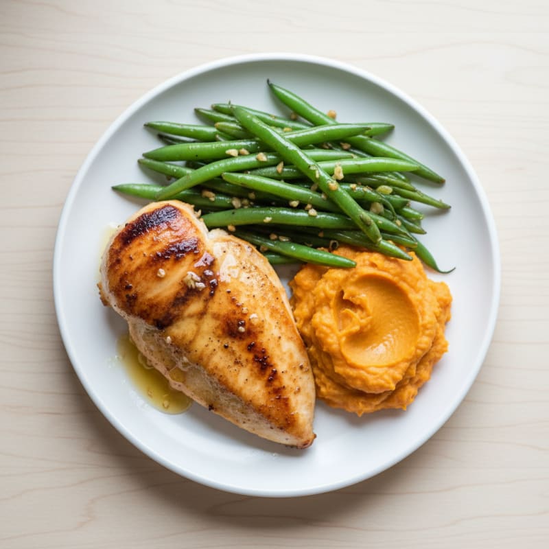 Seared Chicken Breast with Garlic Green Beans and Sweet Potato Mash