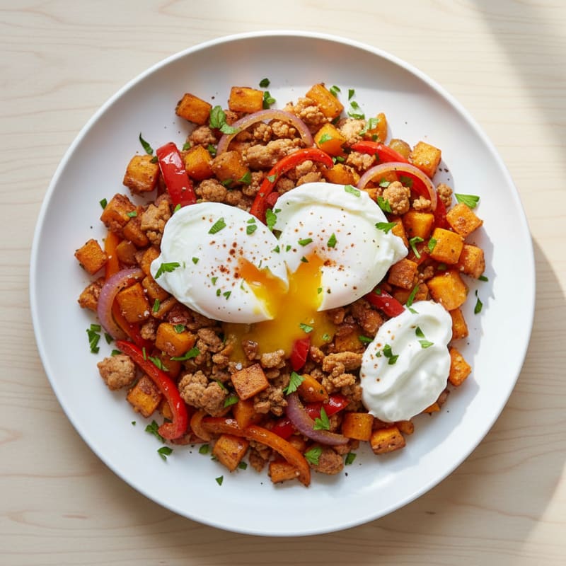 Sweet Potato Hash with Poached Eggs