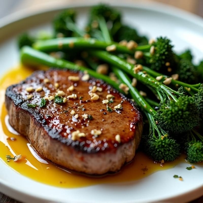 Pan-Seared Steak with Garlic Roasted Broccolini