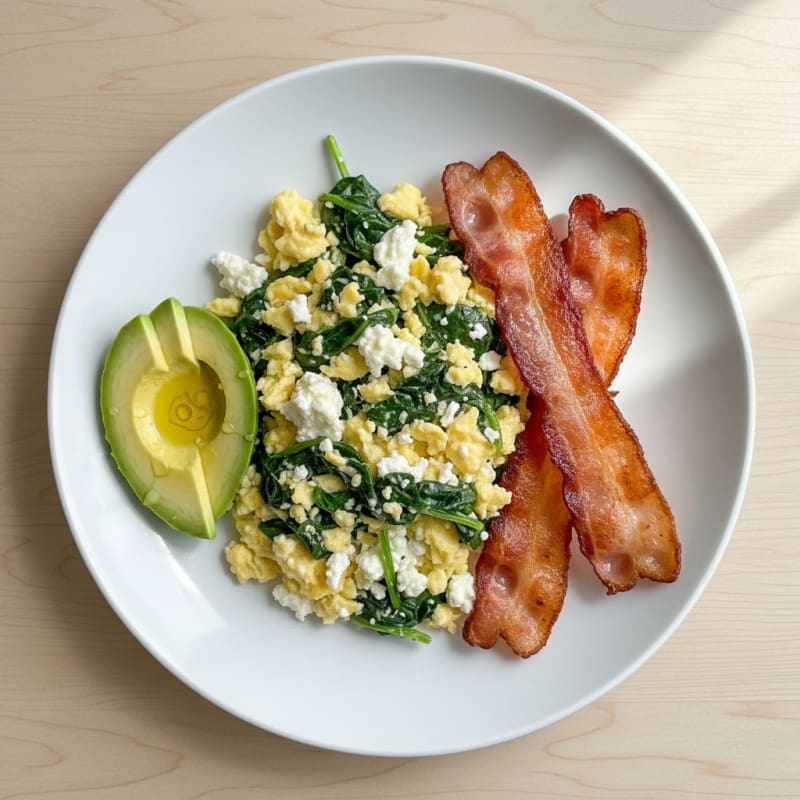 Cottage Cheese Scramble with Spinach and Turkey Bacon