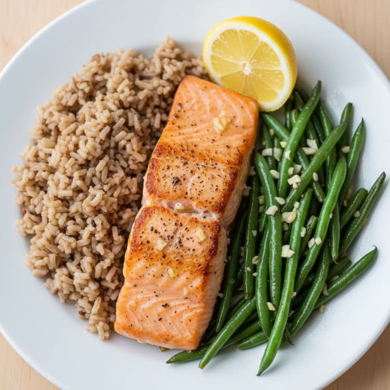 Seared Salmon Fillet with Garlic Green Beans and Brown Rice