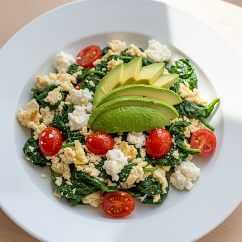 Egg White Spinach Scramble with Cottage Cheese and Cherry Tomatoes