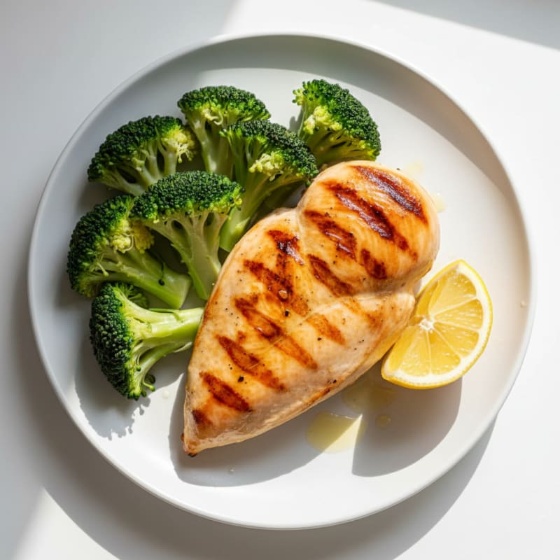 Grilled Chicken Breast with Steamed Broccoli and Lemon