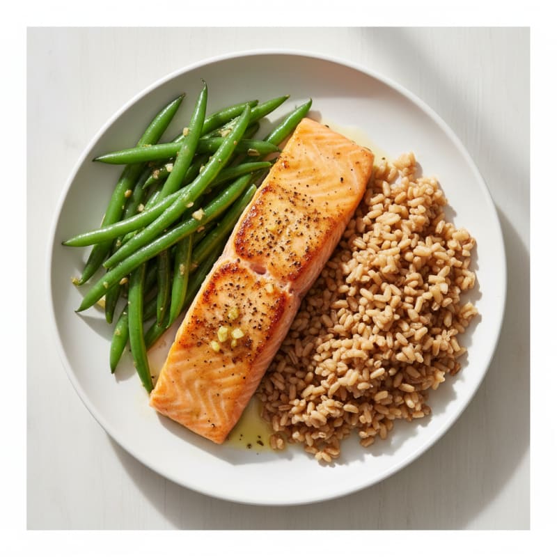 Seared Salmon with Garlic Green Beans and Brown Rice