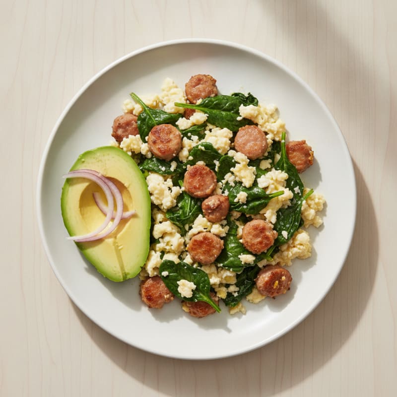 Egg White Scramble with Turkey Sausage and Sautéed Spinach