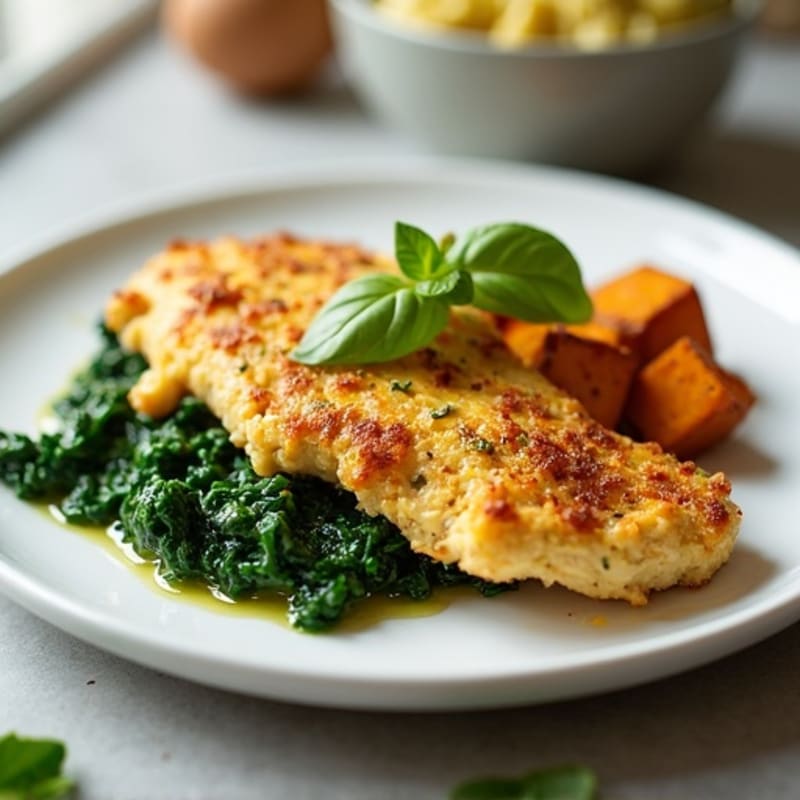Crispy Chicken Egg White Scramble with Sautéed Spinach and Sweet Potato